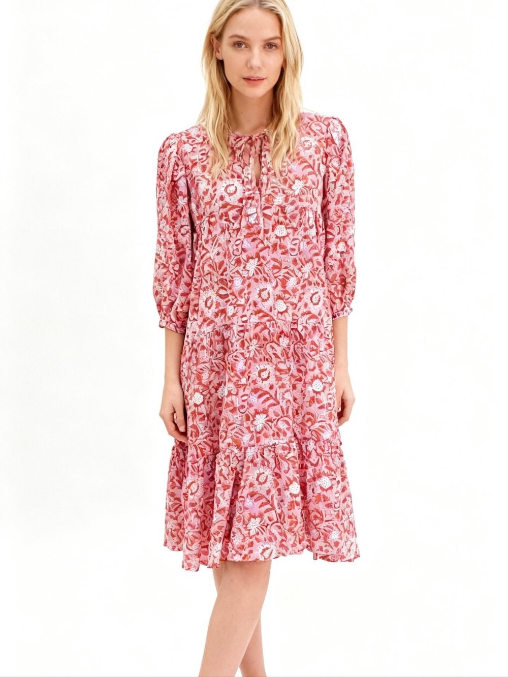 Karni Floral Pink Tiered Midi Dress with Tie Neck Size S